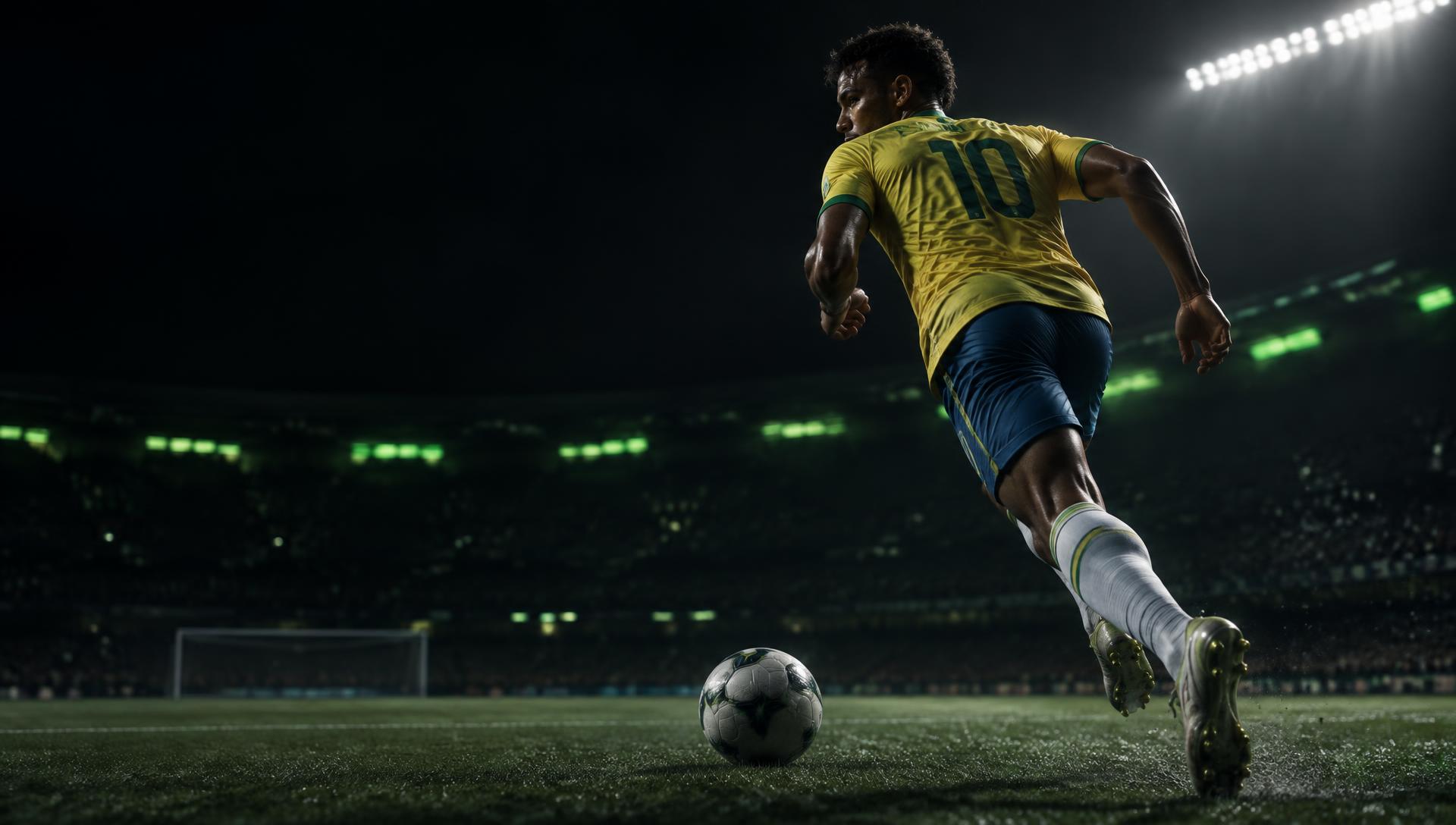 Soccer athlete advancing through a floodlit stadium